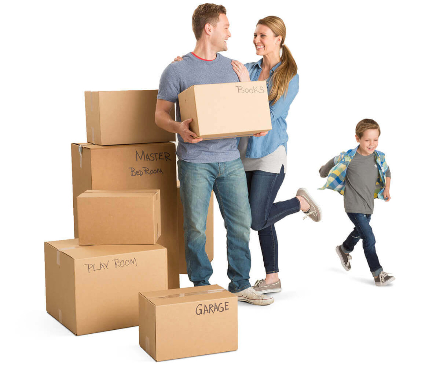 Young family amid moving boxes